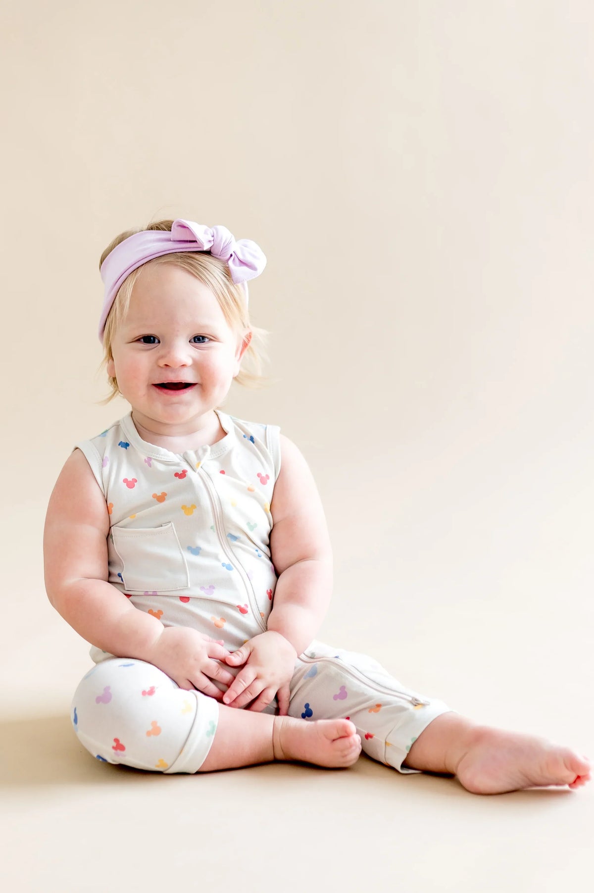 Zippered Sleeveless Romper in Pastel Mickey Mouse