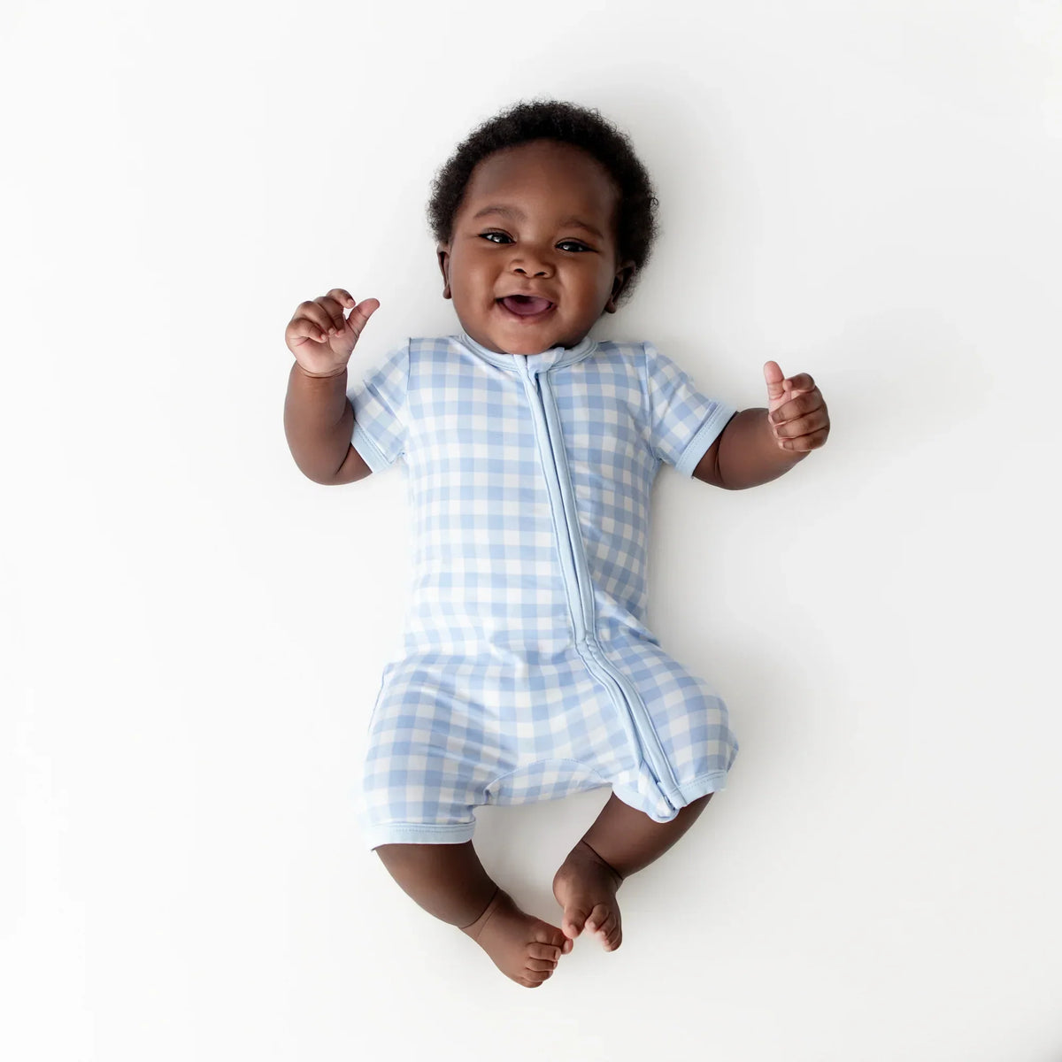 Zipper Shortall Romper in Gingham Breeze