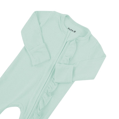 Ribbed Ruffle Zipper Footie in Sage